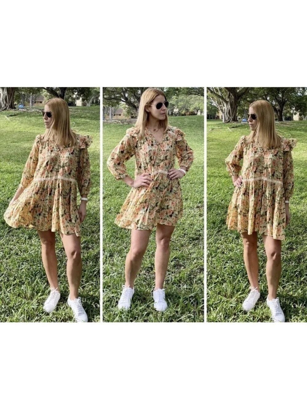 Zara pink green floral flower ruffle crochet babydoll mini dress prairie S NWT